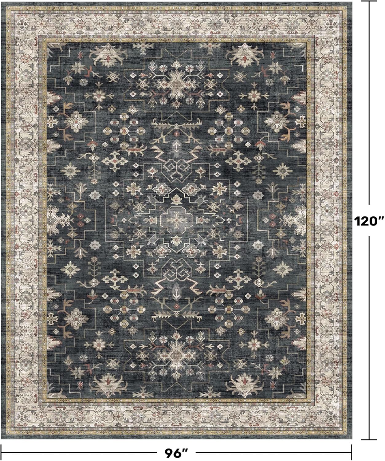 Black Farmhouse Washable 8x10 Area Rugs for Living Room, Bedroom, Dining Room Kitchen Table Rug for Under Table, Office, Dark Charcoal Tumble Stain Resistant Non-Slip Large Washable (8x10 Black/Multi)