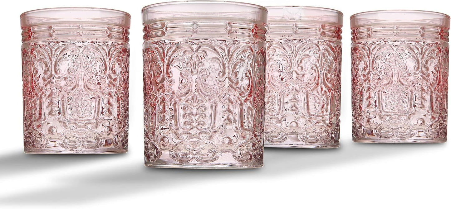 Godinger Old Fashioned Whiskey Glasses, Drinking Glasses, Vintage Decor, Glass Cups, Water Glasses, Cocktail Glasses - Jax Collection, 12oz, Pink, Set of 4