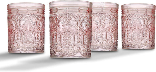 Godinger Old Fashioned Whiskey Glasses, Drinking Glasses, Vintage Decor, Glass Cups, Water Glasses, Cocktail Glasses - Jax Collection, 12oz, Pink, Set of 4