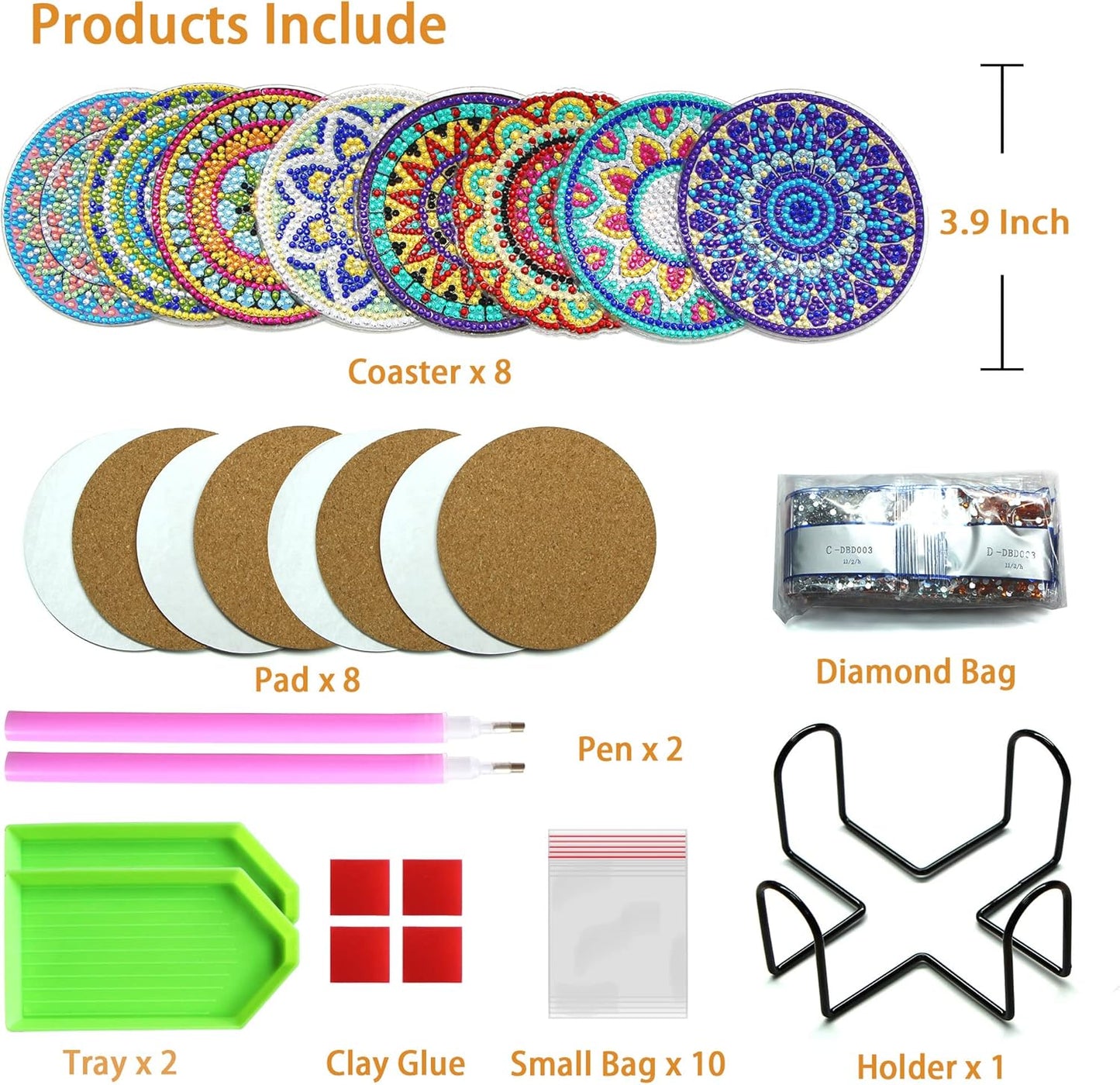 Diamond Art Coasters Kit with Holder, 8 Pcs Diamond Art Coasters for Adults Kids Beginners Crafts Gifts (Mandalas)