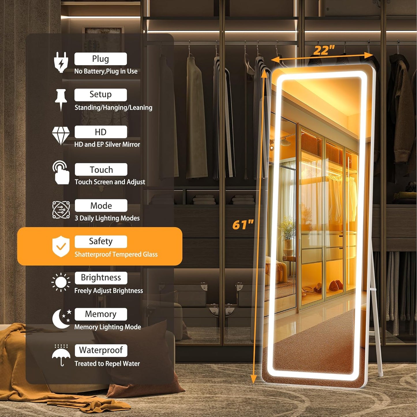 Hasipu Full Length Mirror with Lights, 61" x 22" LED Floor Mirror, Full Body Dressing Standing, Hanging Mounted Mirror for Living Room Bedroom Cloakroom, Round White