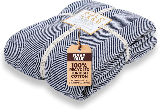 Gold Case Throw Blanket for Bed - 100% Recycled Turkish Cotton Blanket - Elegant Lightweight Soft Throw Blankets for Bed & Living Room - Queen Size Cozy Blankets - 90x90 - Navy Blue