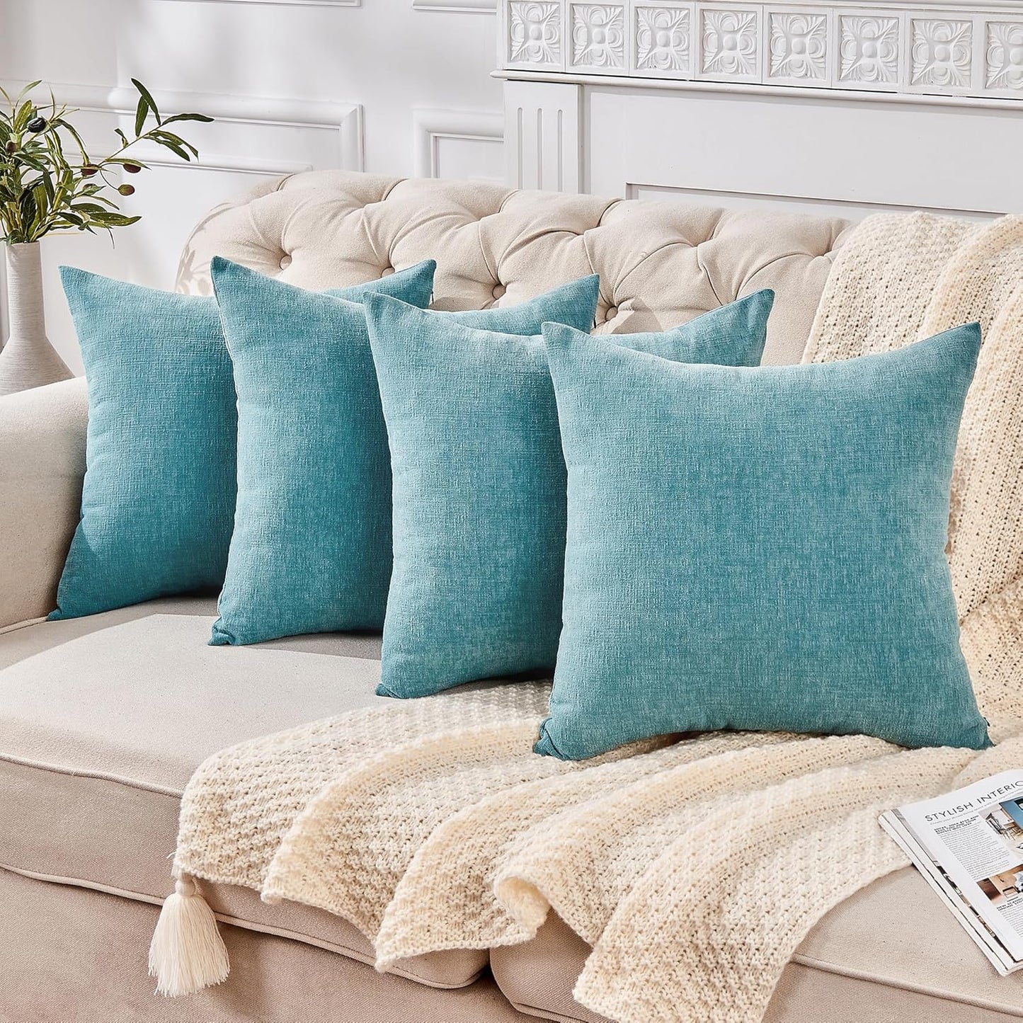 GAWAMAY Decorative Square Throw Pillow Covers 18"x18" Inch Set of 4, Super Soft Chenille Pillows Farmhouse Fall Pillowcase for Living Room Bedroom Sofa Couch Cushion Cover Smoke Blue 45x45cm