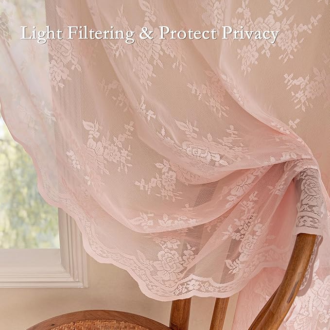MEETSKY Pink Lace Sheer Curtains 84 Inches Long 2 Panels Set for Girls Room Bedroom Vintage Victorian French Elegant Window Voile Back Tab Rod Pocket Light Filtering Drapes, 50" Wide Each Panel