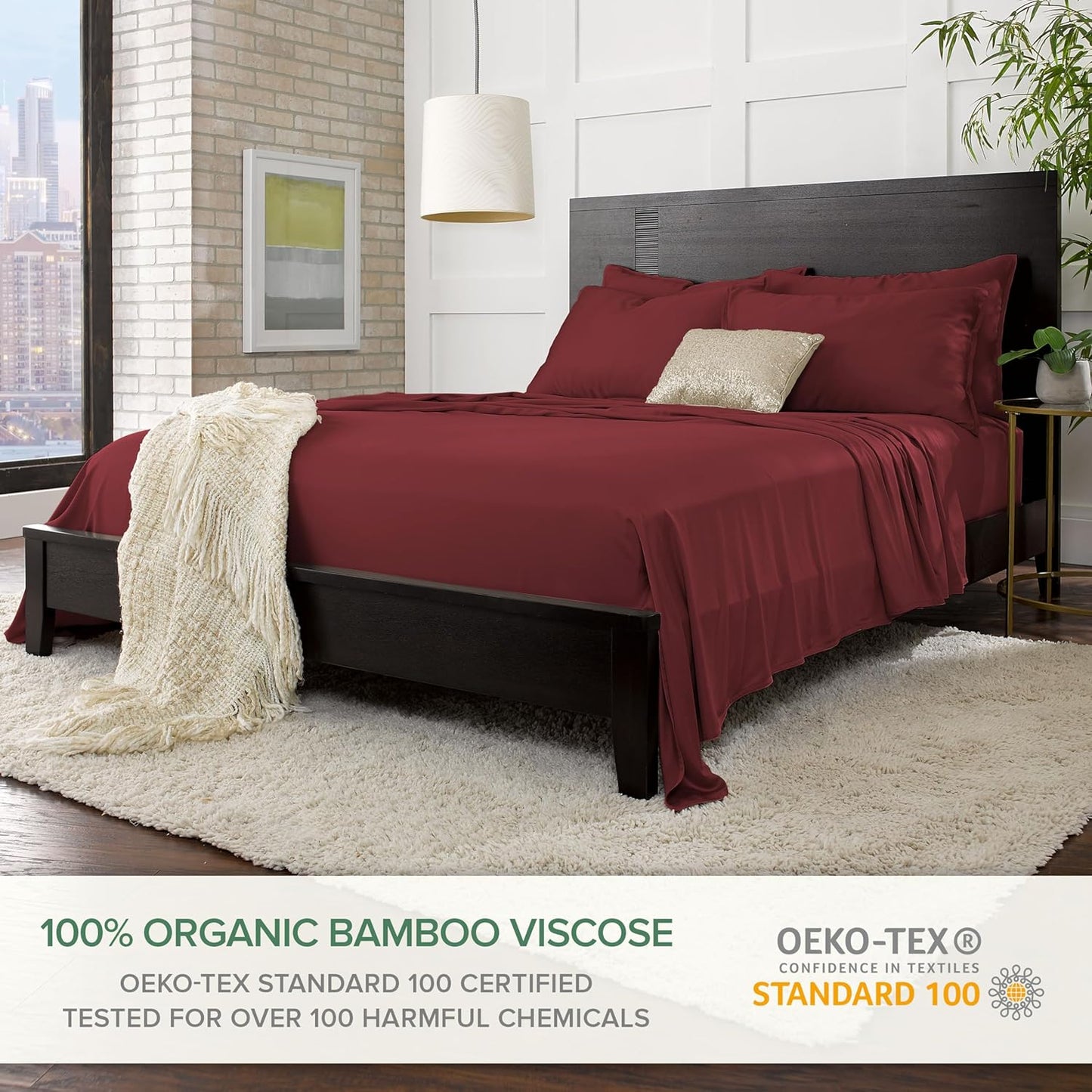 Full Sheets by Pure Bamboo, Genuine 100% Organic Viscose Derived from Bamboo Bed Sheet Set, Luxuriously Soft & Cooling, Double Stitching, Lifetime Quality Promise (Full, Merlot)