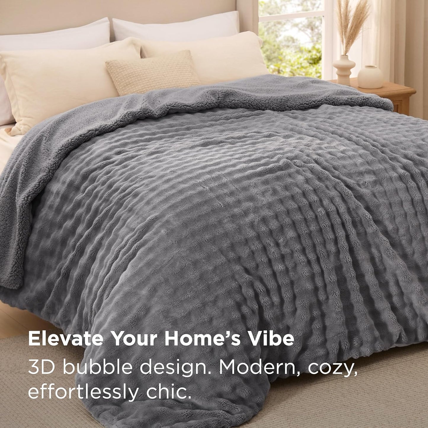 Bedsure Bubble Sherpa Blanket King Size for Bed - Fuzzy Fleece Thick Warm Blanket for Winter, GentleSoft Cozy Plush Throw Gift for Women, Room Decor, Grey, 108x90 Inches