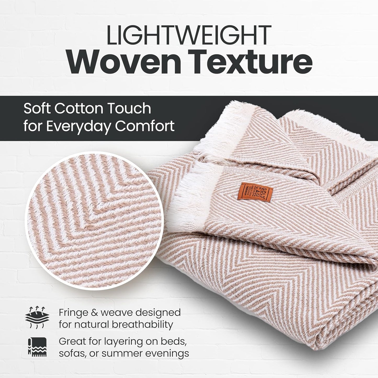 Gold Case Throw Blanket for Couch - 100% Recycled Turkish Cotton Blankets & Throws - Elegant Soft Throw Blankets for Living Room - Boho Decorative Woven Couch Blanket - 60x80 - Beige