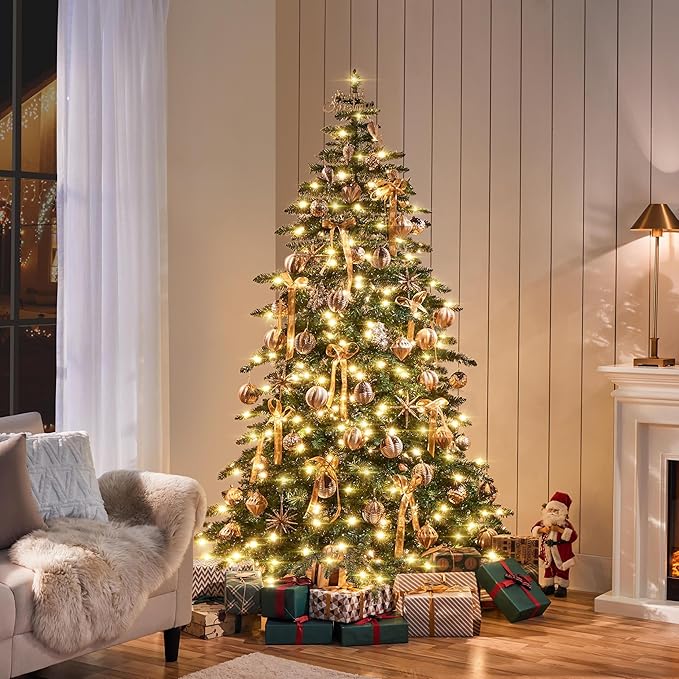 Yaheetech 7.5ft Pre-Lit Christmas Fir Tree with 550 Warm LED Lights & 1278 PVC Tips,Hinged Holiday Decorative Tree with Foldable Stand & Protective Foot Caps,Green