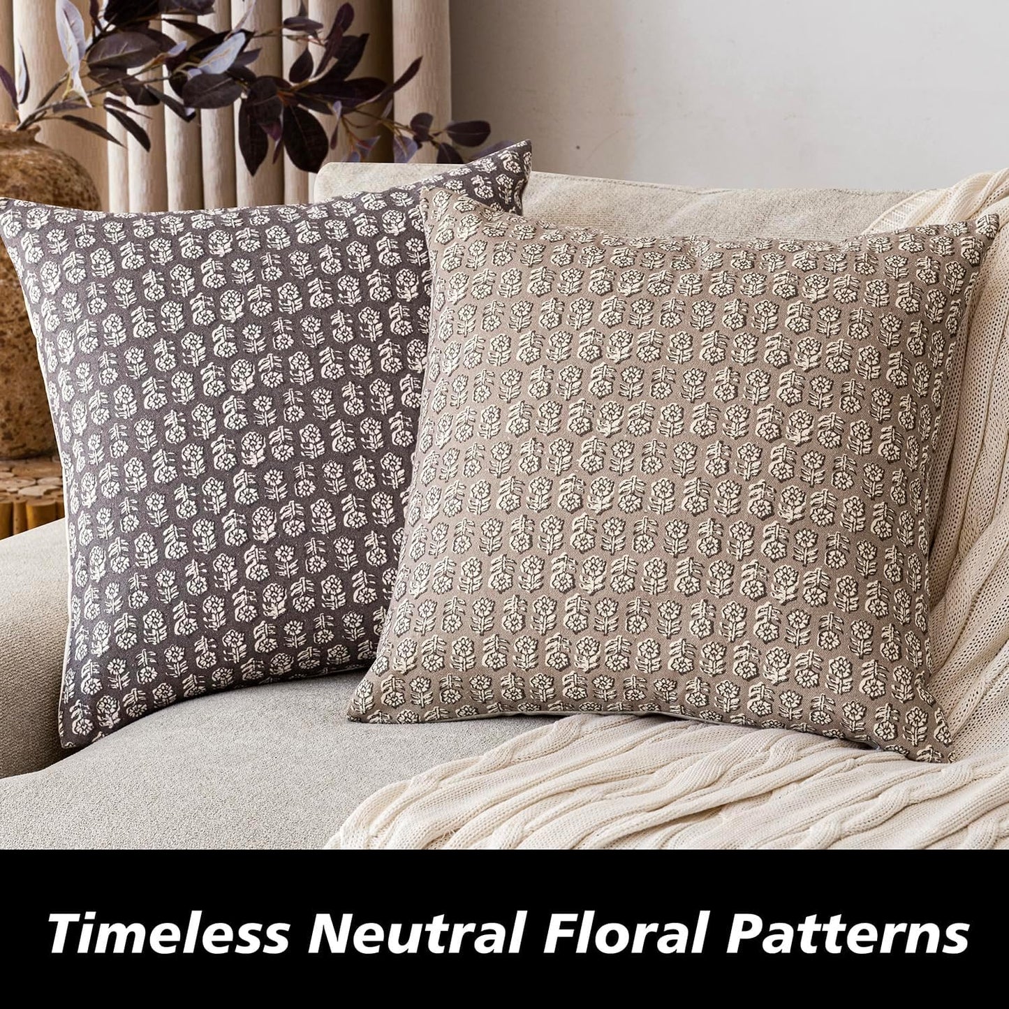 Foindtower Set of 2 Decorative Vintage Floral Print Throw Pillow Covers Neutral Modern Farmhouse Cushion Covers Boho Home Decor for Sofa Couch Chair Bedroom Living Room,24×24 Inch,Rustic Gray