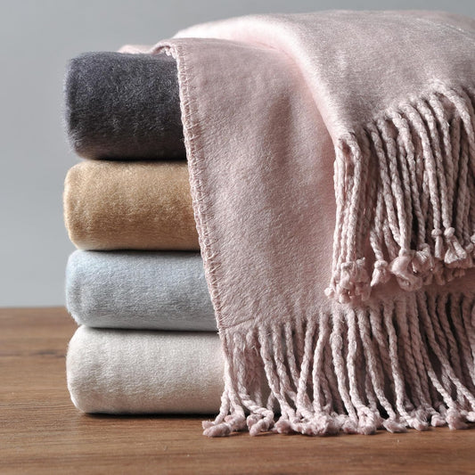 EP Mode Fringed Mulberry Silk Throw Blanket for Sofa (Cameo Pink)