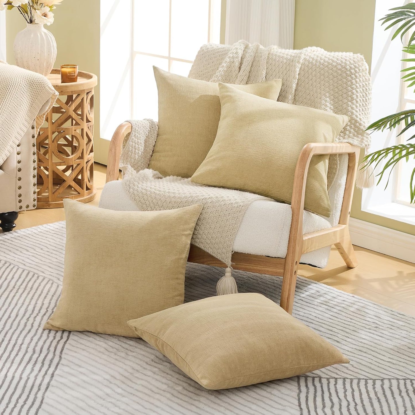 GAWAMAY Decorative Square Throw Pillow Covers 18x18 Inch Set of 4, Super Soft Chenille Pillows Cover Fall Pillowcase for Living Room Bedroom Sofa Couch Cushion Cover Khaki 45x45cm (No Insert)