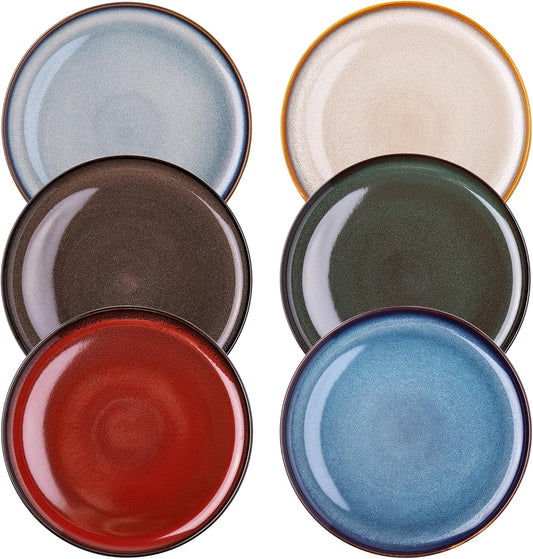 LERATIO Ceramic Plates Set of 6, 10.5 Inch Reactive Glaze Light Weight Porcelain Salad Plates,Modern Shape Dinnerware Dishes Set for Microwave& Dishwasher &Oven Safe,Scratch Resistant-Colorful
