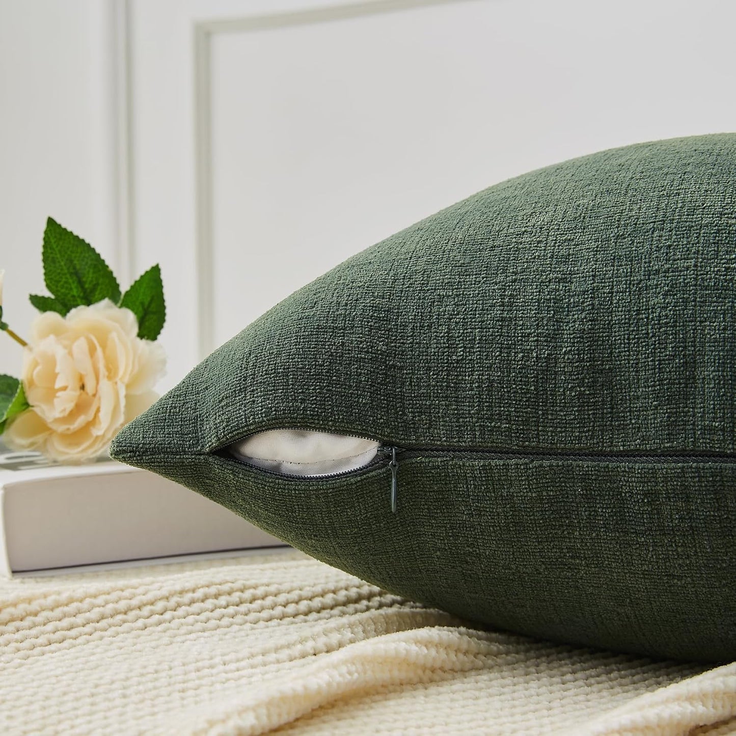 GAWAMAY Decorative Square 16"x16" Inch Throw Pillow Covers Set of 2, Super Soft Chenille Pillows Farmhouse Pillowcase for Living Room Bedroom Sofa Couch Cushion Cover Dark Green 40x40cm (No Insert)