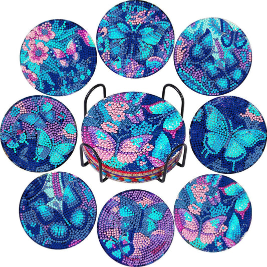 DOZEEZOP 8 PCS Diamond Painting Coasters with Holder, Diamond Art Coasters Kit, Fall Diamond Art Kits for Adults Beginners, Arts and Crafts Supplies Party Item Sets Butterfly Style