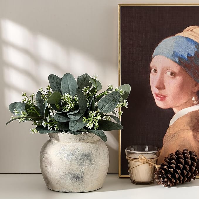 SIDUCAL Ceramic Flower Vase with Wide Mouth Lace, 5.1 Inch Pottery Rustic Farmhouse Boho Vases, Small Terracotta Vase for Home Decor, Table, Living Room, Bathroom, Shelf, Wedding, Terra