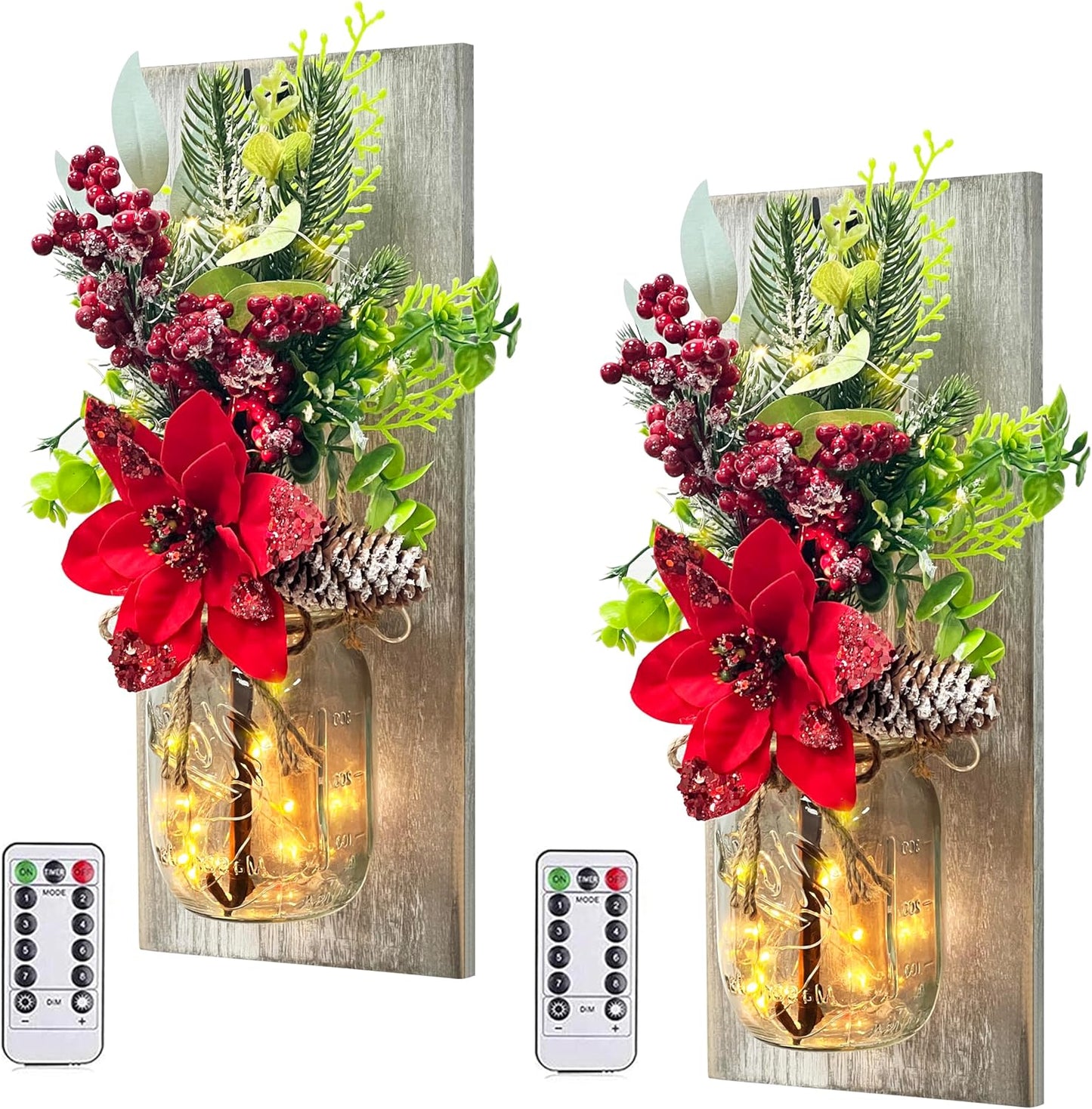 Mason Jars Sconce Decor Rustic Wall Sconces Handmade Wall Art Hanging Design with Remote Control LED Fairy Lights and Red Berry, Xmas Farmhouse Wall Home Decor Living Room Lights Set of Two