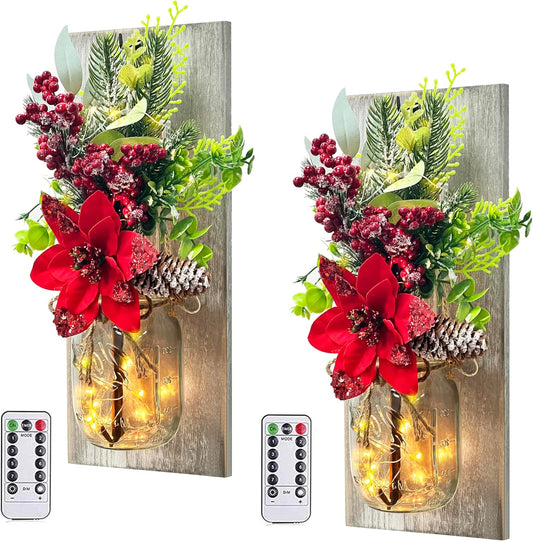 Mason Jars Sconce Decor Rustic Wall Sconces Handmade Wall Art Hanging Design with Remote Control LED Fairy Lights and Red Berry, Xmas Farmhouse Wall Home Decor Living Room Lights Set of Two