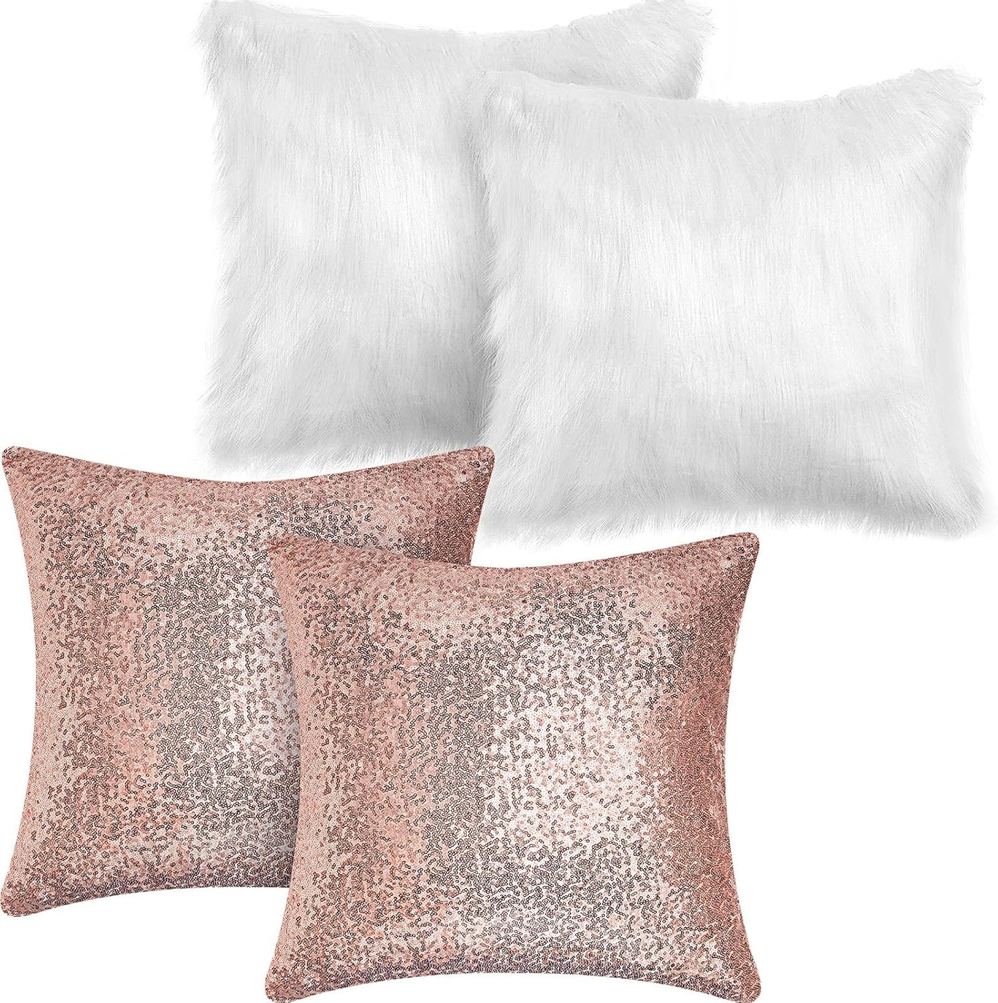 Irenare 4 Pcs Sequin and Fluffy Pillow Covers Winter Throw Pillow Cases Soft Cushion Cover for Couch Bed Sofa Xmas Day (White, Rose Gold,18 x 18 Inch)