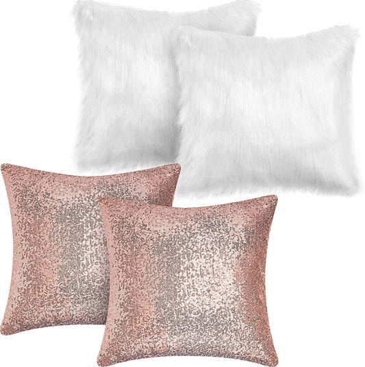 Irenare 4 Pcs Sequin and Fluffy Pillow Covers Winter Throw Pillow Cases Soft Cushion Cover for Couch Bed Sofa Xmas Day (White, Rose Gold,18 x 18 Inch)