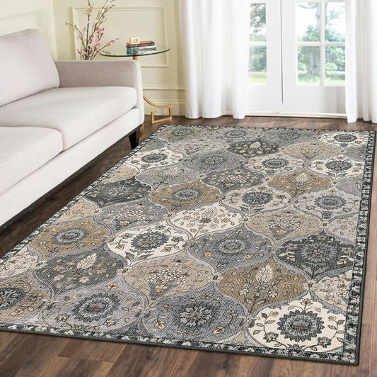 Lahome Moroccan Trellis Washable Area Rug, 5x7 Rugs for Living Room Indoor Non-Slip, Large Oriental Accent Throw Carpet for Bedroom Entryway Bathroom Office, Grey