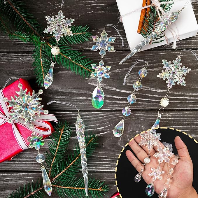 32pcs Christmas Decoration Crystal Ornaments - Iridescent Christmas Tree Ornaments Acrylic Snowflakes Drop Icicle Pendants Hanging Ornaments for Xmas Tree Winter Holiday Frozen Party Decorations