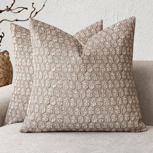 Foindtower Set of 2 Decorative Vintage Floral Print Throw Pillow Covers Neutral Modern Farmhouse Cushion Covers Boho Home Decor for Sofa Couch Chair Bedroom Living Room,24×24 Inch,Tan Taupe