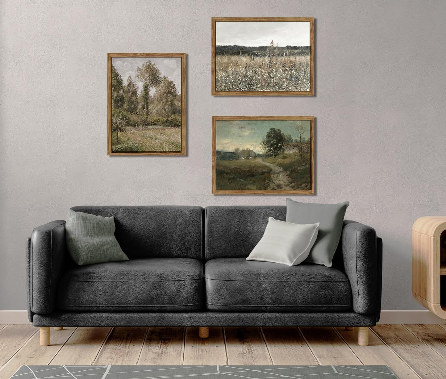 Hwetui Vintage Landscape Canvas Wall Art Framed Set of 3 Wildflower Field Poster Retro Rustic Farmhouse Prints Classical Nature Oil Painting Picture Home Decor for Living Room Bedroom Office 16x24in