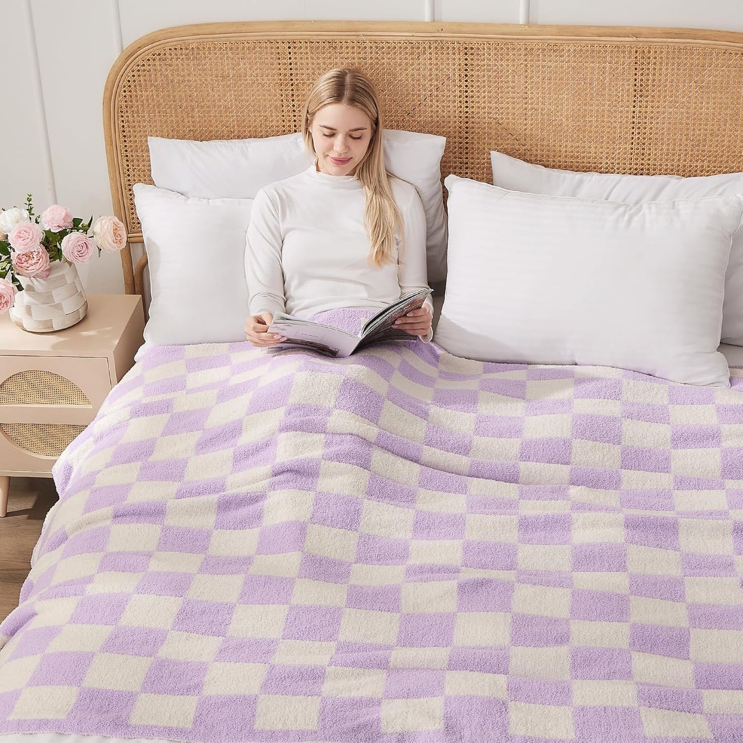 JOOJA Soft Cozy Checkerboard Lilac Blanket - Fluffy Knit Throw Blanket for Couch - Plaid Checkered - 60x80 in