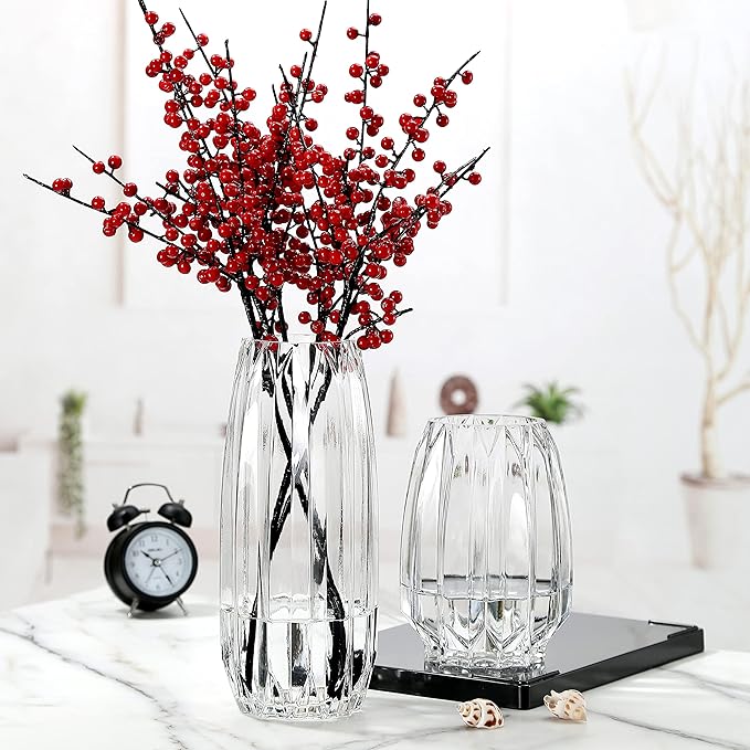 Modern Ribbed Glass Vase for Flowers, Candles and Decorative Accents - Black, Grey, Amber, Clear and Colored Tall/Short Vase for Centerpieces and Home Table Decor (Clear, H-11.8inch)