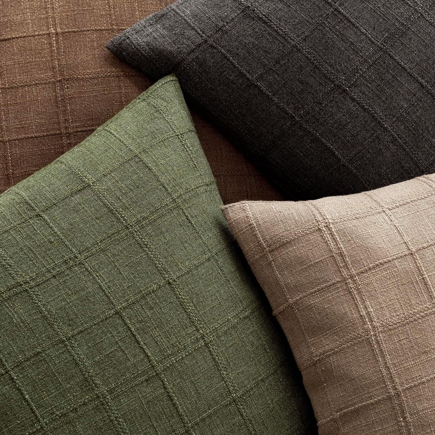 Foindtower Set of 2 Decorative Linen Check Throw Pillow Covers Neutral Farmhouse Vintage Cushion Covers Modern Boho Home Decor for Sofa Chair Couch Bedroom Living Room,22×22 Inch,Olive Green