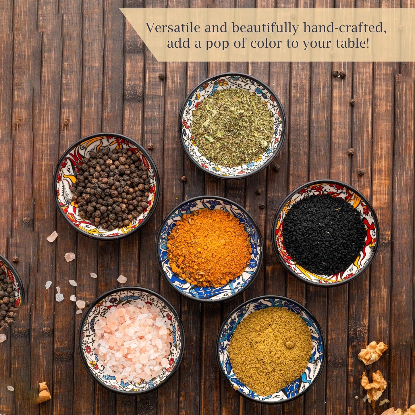 Handmade Ceramic Dipping Bowls – Set of 6, 2.5 Oz Small Sauce Dishes, Colorful Pinch Bowls, Charcuterie Serving Bowls, Microwave & Dishwasher Safe (IZNIK CARNATION)