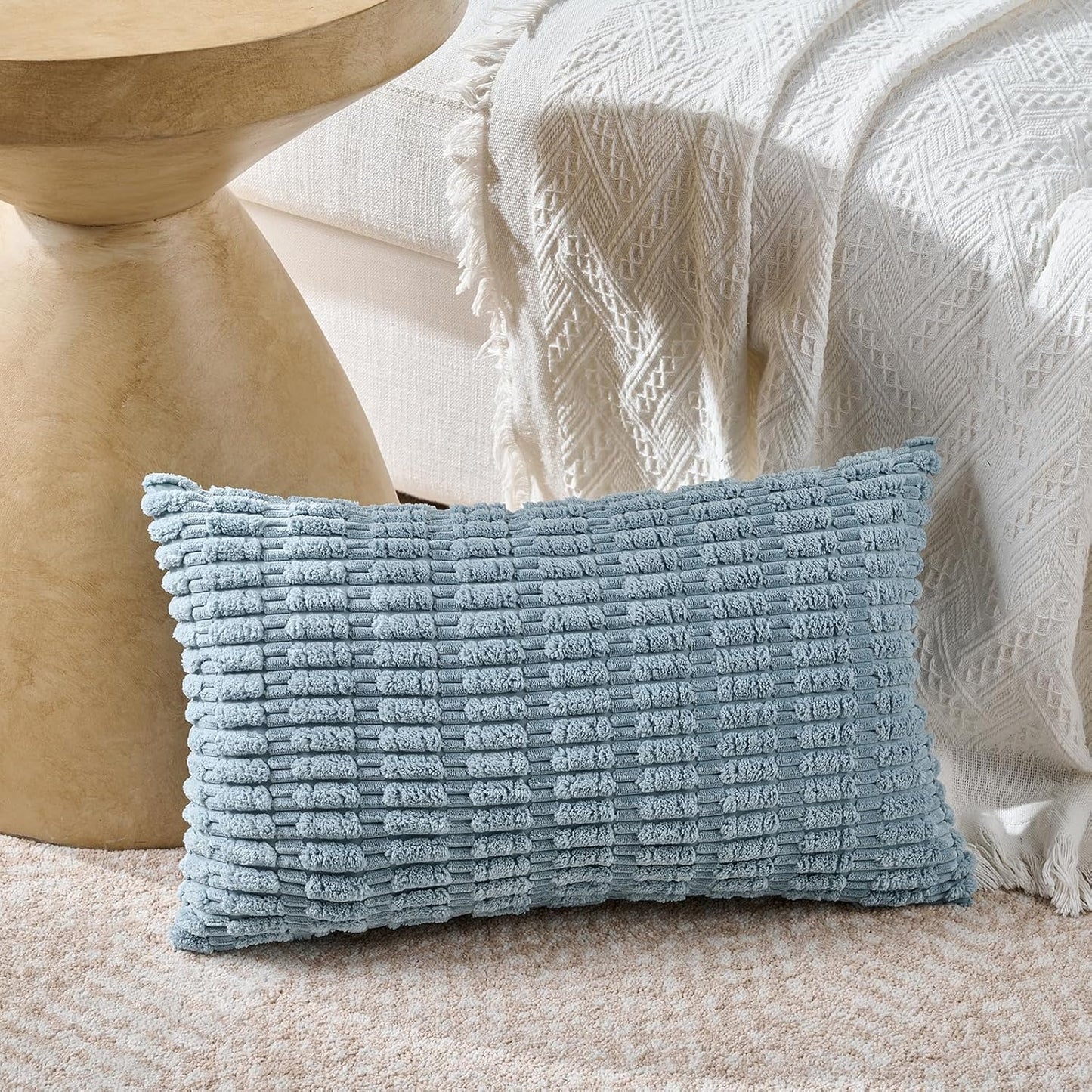 Fancy Homi Set of 4 Blue Lumbar Rectangle Decorative Throw Pillow Covers 14x24 Inch for Couch Bed Chair, Farmhouse Boho Room Decor, Soft Fuzzy Thick Corduroy Textured Coastal Blue Cushion Case 35x60cm