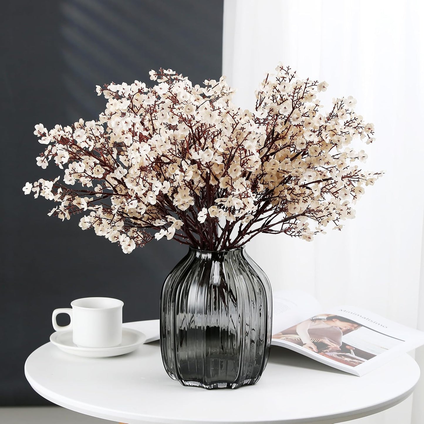 JAKY-Global Fake Fall Flowers Artificial for Decoration Faux Silk Babys Breath Floral Stems Home Indoor Halloween Decor Centerpieces Tables Vase Beige 12pcs