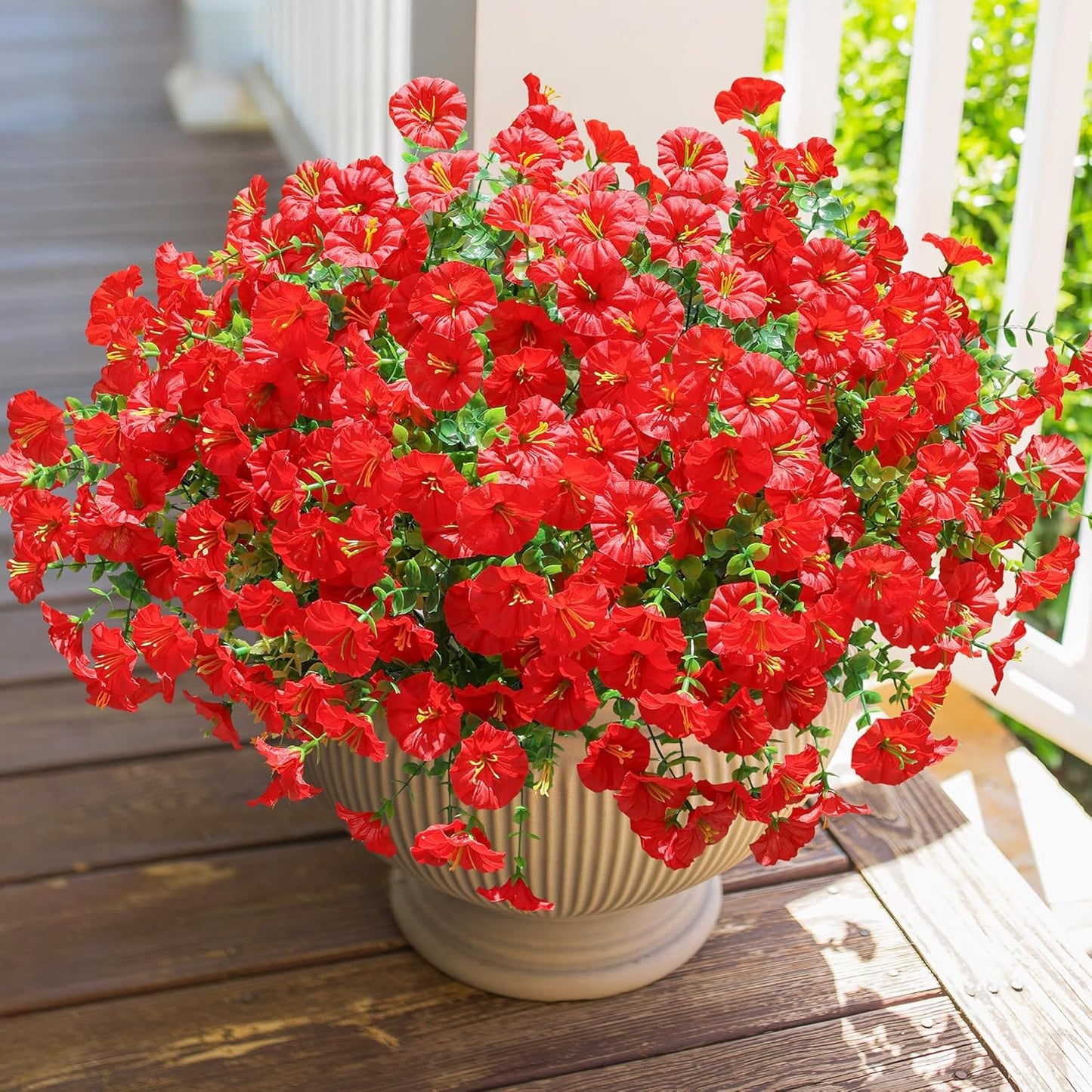 HyeFlora Artificial Flowers for Outdoors Fake Plants Outside Decoration, 12 Bundles Silk Red Morning Glory UV Resistant Look Real Faux Flowers for Planter Front Door Porch Patio Yard Gardens Balcony