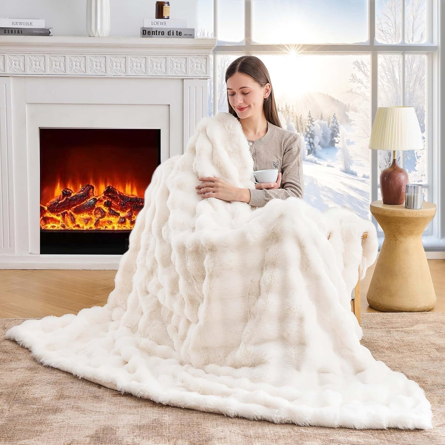 Luxury Faux Rabbit Fur Throw Blanket, Soft Bubble Fluffy Blanket Cozy Fuzzy Throw Blankets for Bed Sofa Couch, Decorative Thick Warm Plush Fuzzy Elegant Soft Mink Blanket (50" x 60",Cream White)