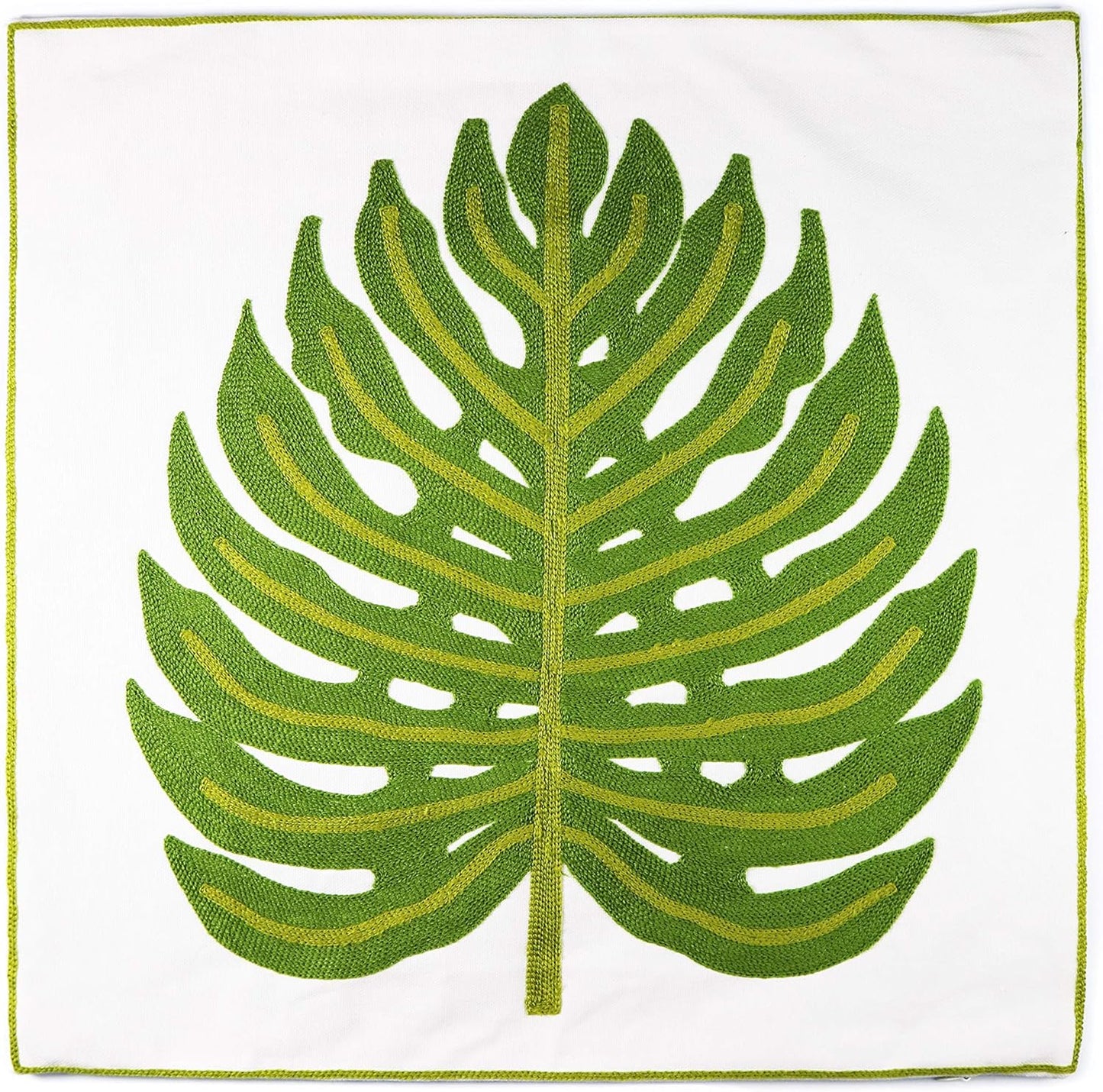 Embroidery Throw Pillow Cover 18x18 Home Decor Green Leaf Floor Pillow Cover for Couch 100% Cotton Cushion Cover Pillowcase Tropical Monstera Leaves Embroidered 45x45cm, 1 Piece