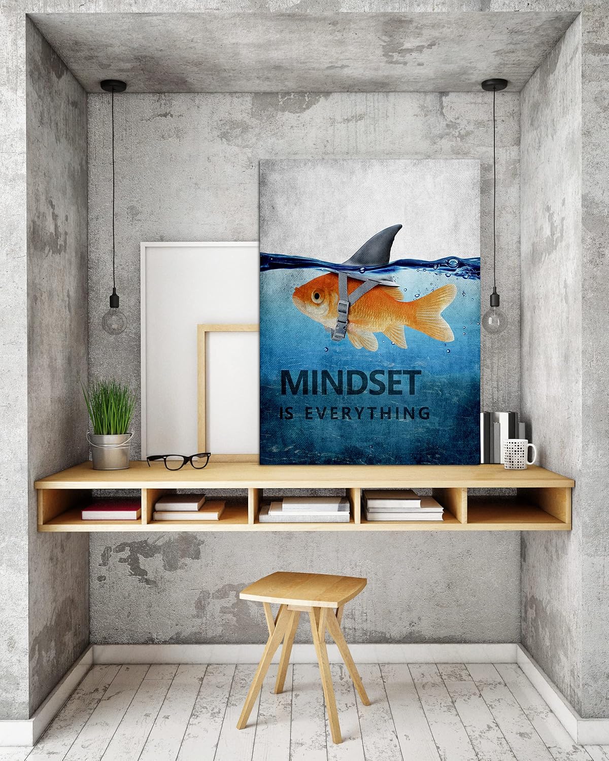 Inspiration Office Canvas Wall Art Posters Goldfish Pictures Big Shark Canvas Painting Mindset is Everything Print Poster Artwork Wooden Home Decor for Guest Room Bar Framed Ready to Hang-24¡±Wx36¡±H