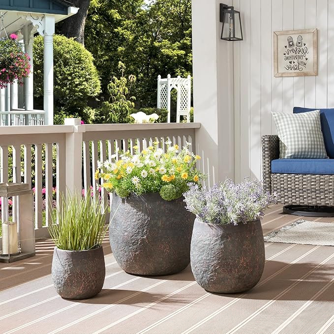 Wallowa Large Outdoor Planter, 17.32"+12.99"+9.06" Dia Round Weathered Concrete Planter Set of 3, Flower Pots with Drainage Holes, Sealing Plug for Garden, Patio, Home, Office, Greenish Bronze Rust