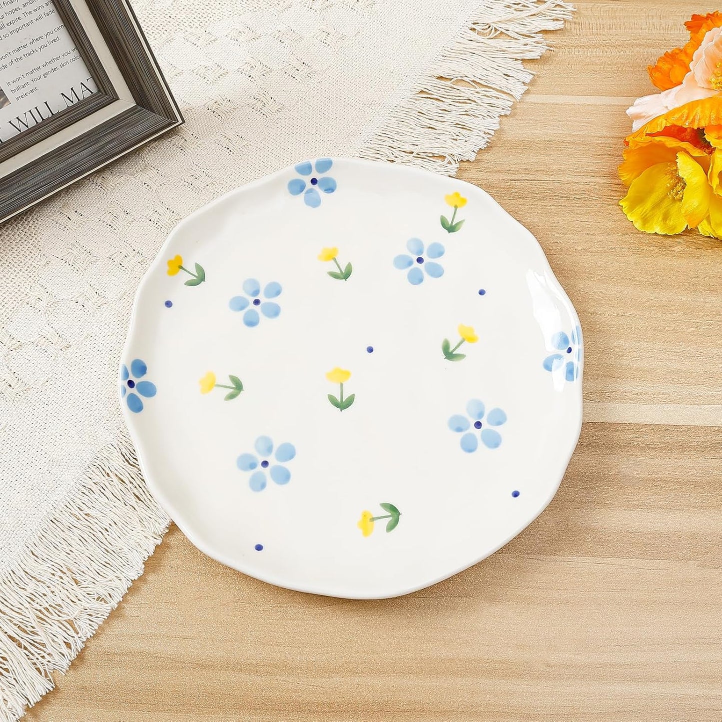 Koythin Ceramic Dessert Plates, Cute Fruits Dinner Plate, Creative Plates Design, Printed Flowers Dinnerware for Office and Home, Kitchen Plates for Desserts (Yellow Tulip Blue Flowers)