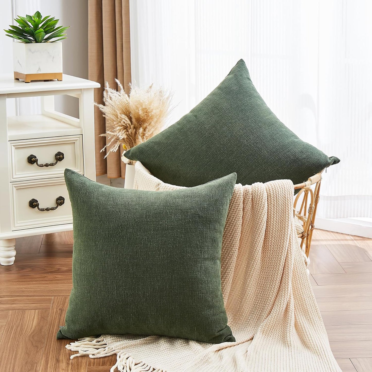 GAWAMAY Decorative Chenille Throw Pillow Covers 26"x26" Inch Pack of 2, Soft Square Couch Pillow Cover for Sofa Cushion Living Room Bedroom Solid Oversized Pillowcases Dark Green 66x66cm (NO Insets)