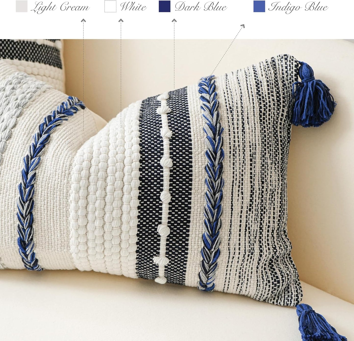 BlissBlush Navy Dark Blue Decorative Throw Pillow Cover 18x18 Square Boho Accent Pillowcase Tassels Farmhouse Cushion for Couch Sofa Bedroom Living Room Home Décor Cover ONLY