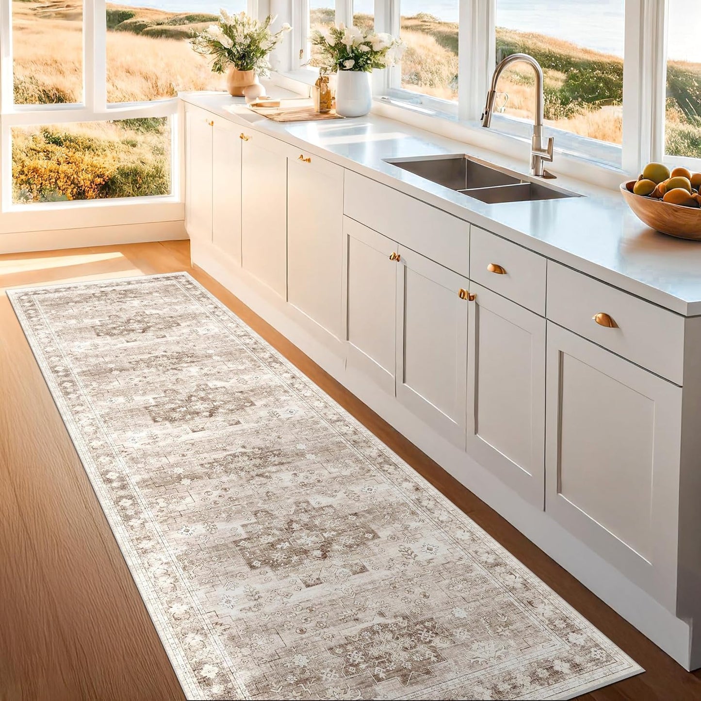 Beige Washable 2'6"x8' Wide Hallway Runners, Kitchen Runner Rug, Non-Slip & Stain Resistant Long Floor Rug, Neutral Boho Floral Decor (2'6"x8' Beige/Latte)