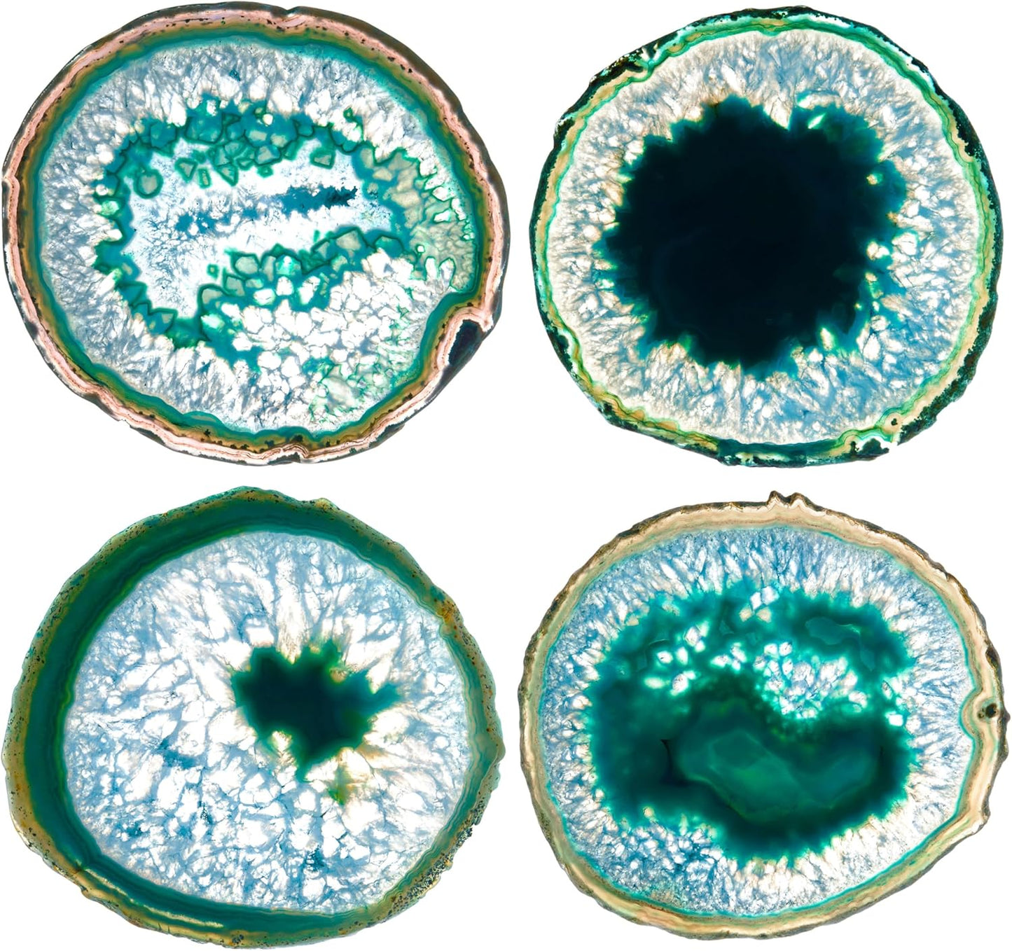 Luxury Lane Set of 4 Large Natural Brazilian Agate Slice Geode Rock Stone Drink Coasters with Wood Holder 4.3-4.7 inch Centerpiece Table Decoration, Teal