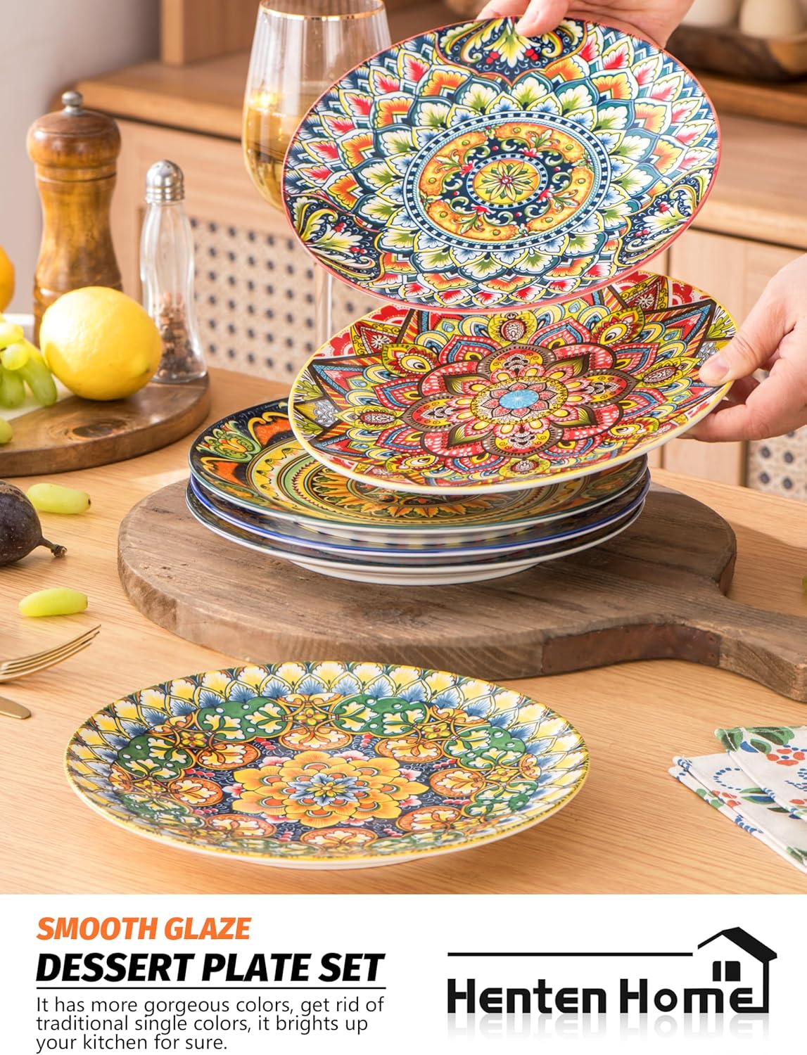 Henten Home Ceramic Dessert Plates Set of 6, 8.5 Inch Porcelain Salad Plate, Colorful Bohemian Style Serving Dishes for Cake, Snack, Appetizer, Decorations, Dishwasher & Microwave Safe