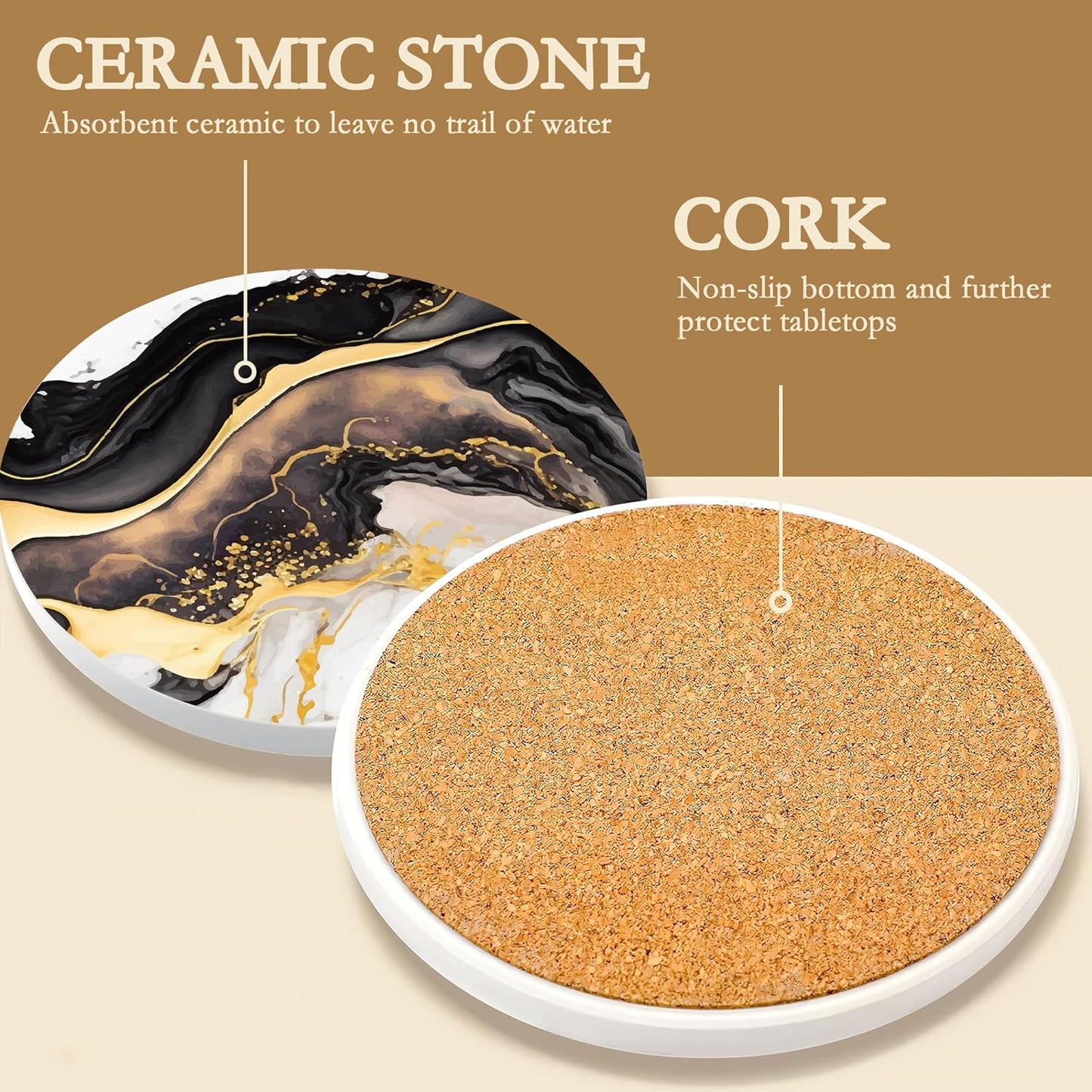 Black Gold Marble Ceramic Coaster Set of 6, Water-Absorbent Beverage Pads for Dining Table Decor & Glass Protection
