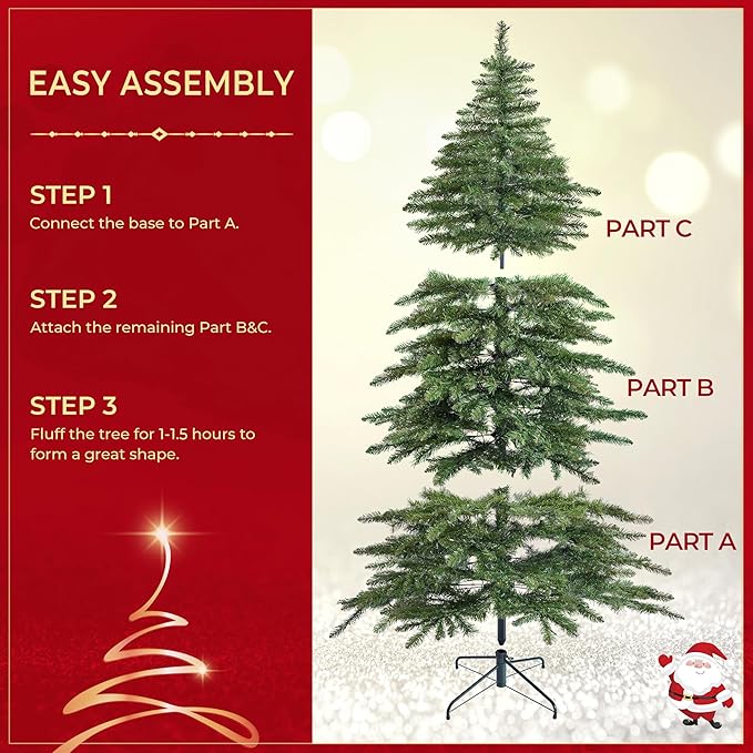 Yaheetech 6ft Pre-Lit Christmas Fir Tree with 400 Warm LED Lights & 940 PVC Tips,Hinged Holiday Decorative Tree with Foldable Stand & Protective Foot Caps,Green