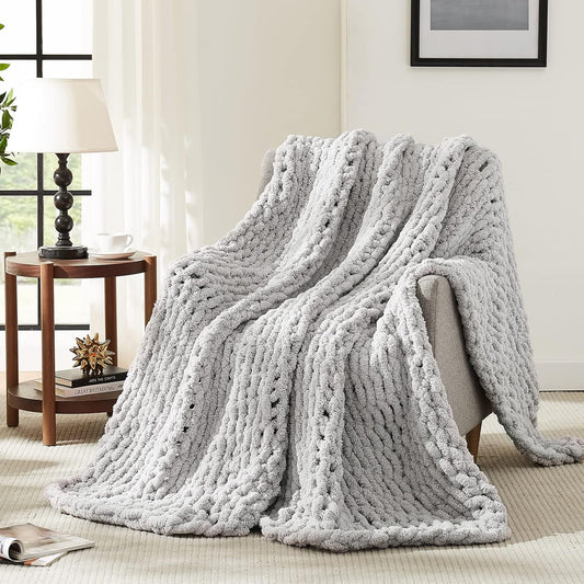 L'AGRATY Chunky Knit Blanket Throw,Soft Chenille Yarn Throw Blanket 60x80，Handmade Thick Cable Knit Crochet Blanket,Large Knit Blanket Chunky Yarn,Rope Knot Throw Blanket for Couch Home Decor