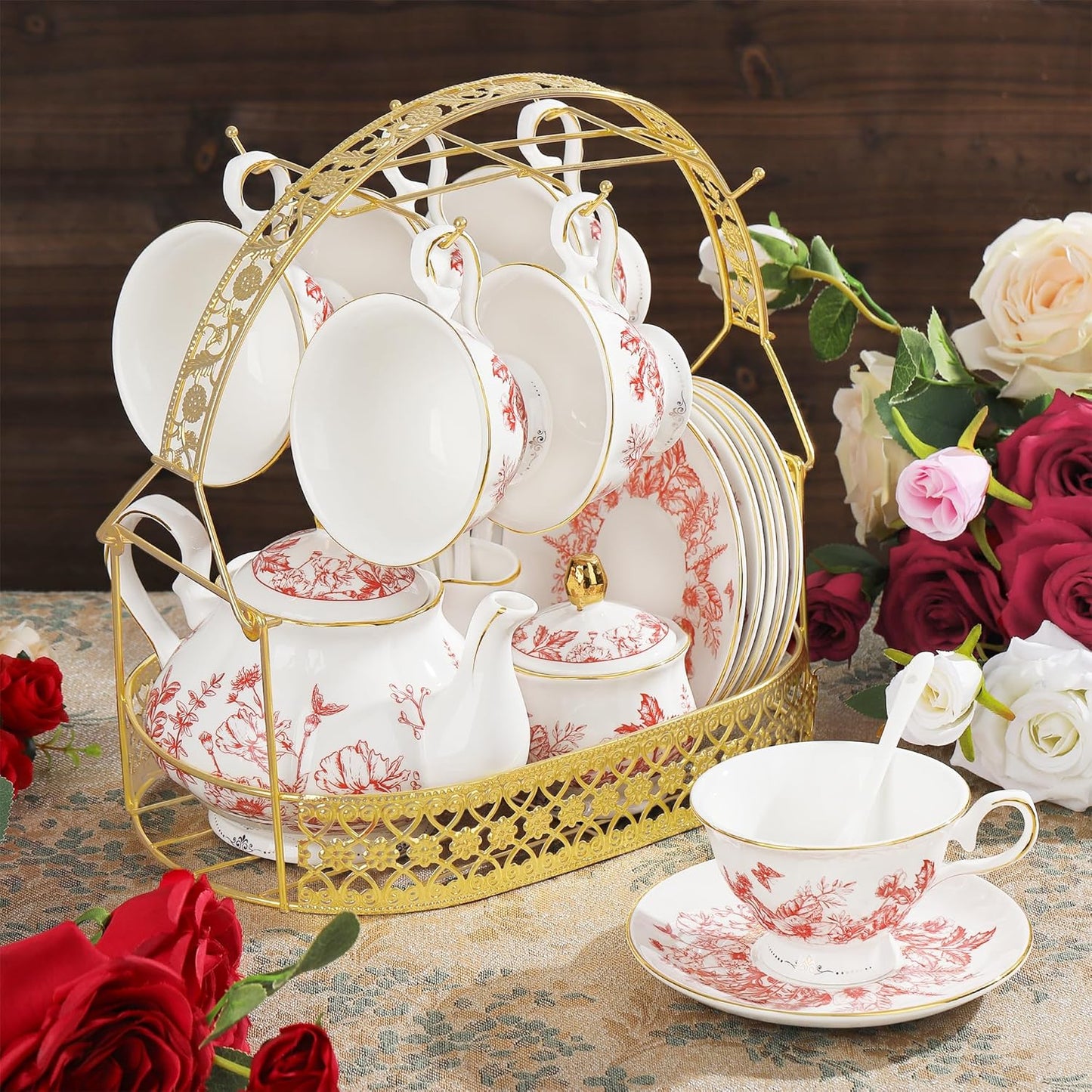 fanquare Vintage Porcelain Tea Set with Holder, 22 Piece Red Floral New Bone China Tea Coffee Gift Sets for Wedding Birthday, 6 Tea Cup and Saucers for Women Tea Party