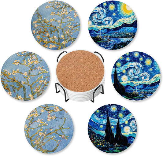 Coasters for Drinks Absorbent with Holder,Abstract Starry Sky Sets of 6 Durable Cup Coaster for Coffee Table Protection,Great Housewarming Birthday Gifts,Home Decor