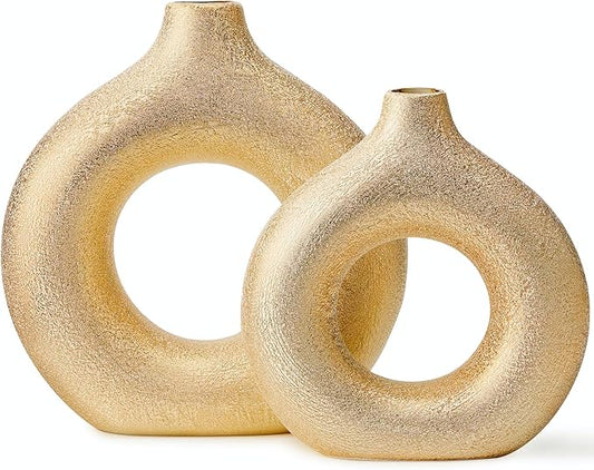 Set of 2 Donut Hollow Ceramic Vase Handmade Minimalist Boho ins Style, Modern Vase for Home Decor for Wedding Dinner Table Party Living Room Office Bedroom (Gold, Extra Large + Large)